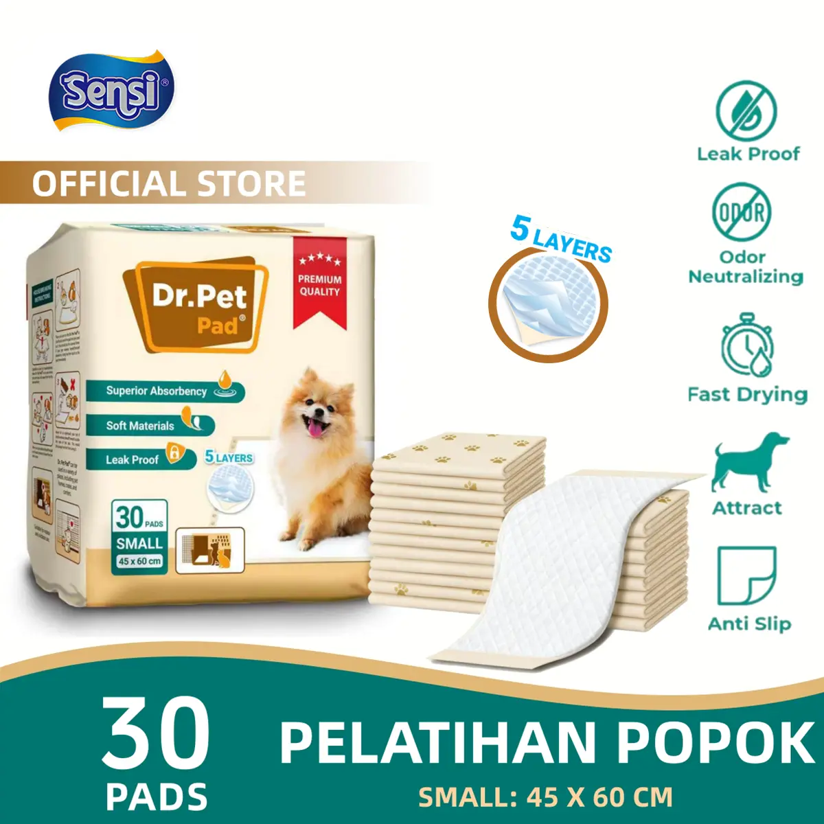 Dr.Pet Pad Alas Kencing Anjing & Kucing Super Absorbent Anti Bocor 5 Layer 30 Pads Large 45x60 cm