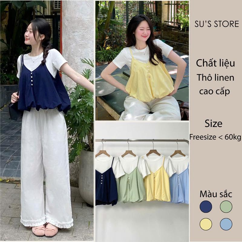 Set Yếm Nữ 2 Dây Dáng Bí Cúc Dọc Kèm Áo Thun Trơn (Có Bán Lẻ Yếm) Susstore S807 Thời Trang Nữ