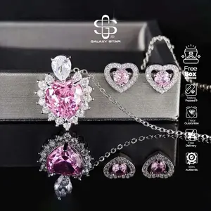 Set Anting dan Kalung Pink Love Sparkling Zircon Crystal | Perhiasan Tembaga Alloy Korean Style Kekinian | Aksesoris Berkilau untuk Tampilan Manis, Romantis, dan Elegan AAKB0053