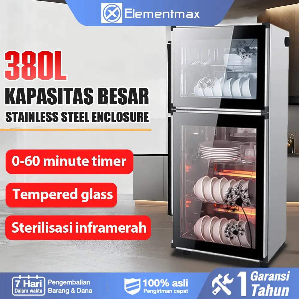 Lemari Desinfeksi Peralatan Makan Stainless Steel Kapasitas Besar - Model Vertikal Pintu Ganda untuk Restoran & Rumah Tangga, Bebas Saluran Pembuangan