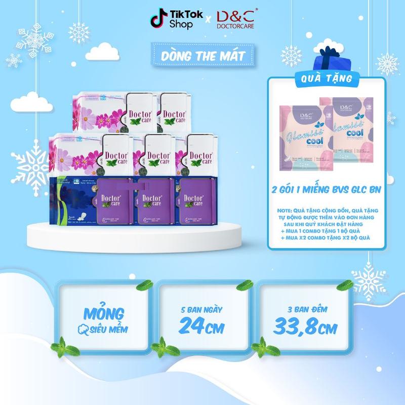 8 gói Băng vệ sinh Doctor Care D&C mát lạnh (5 ban ngày 24cm và 3 ban đêm 33,8cm) - bang  vesinh  doctor  care -   [Tặng 3 miếng bvs Glamiss Cool Ban Ngày]