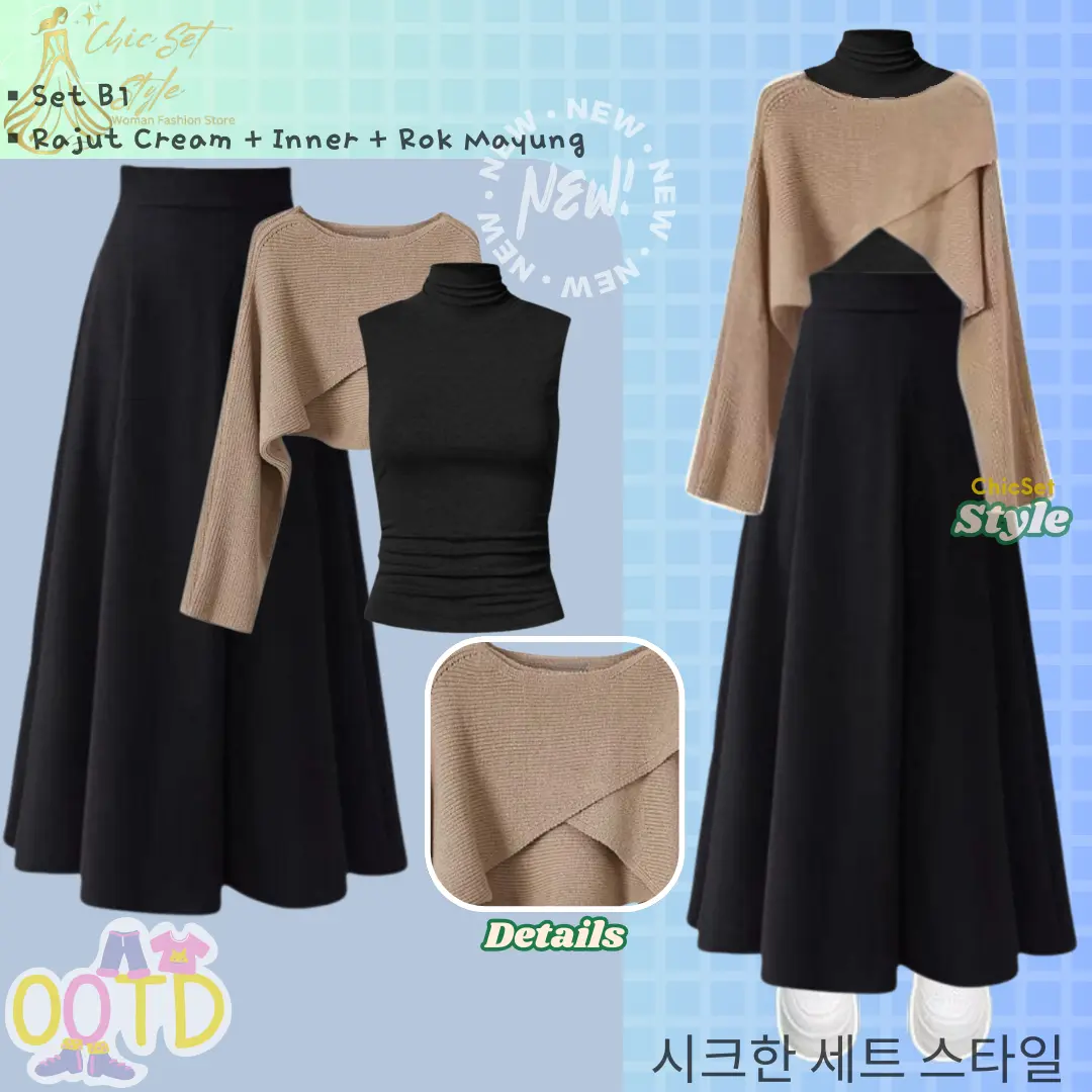Set B1 (Rajut Silang (CREAM) + Inner + Rok Mayung)