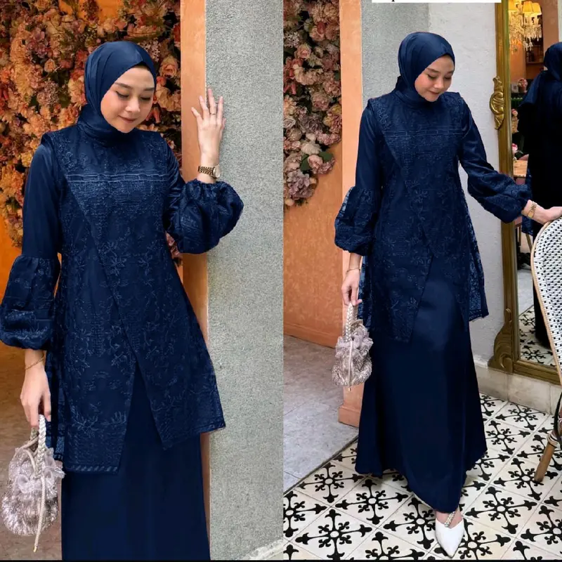 Gamis Farah / Maxi brukat / Muslim Wanita  Tile  Mutiara  Dress   Karet  Pesta  Mewah  Dalaman  Fit UK L DAN XL Kondangan Coklat Brokat Gaun 3