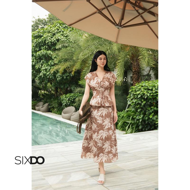 HN Chân váy xoè nâu hoa linen SIXDO Brown Linen Flared Skirt