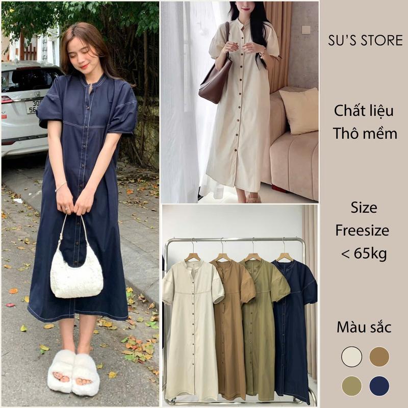 Váy Dáng Dài Tay Bồng Cúc Dọc Vải Thô Mềm Susstore V829 Thời Trang Nữ