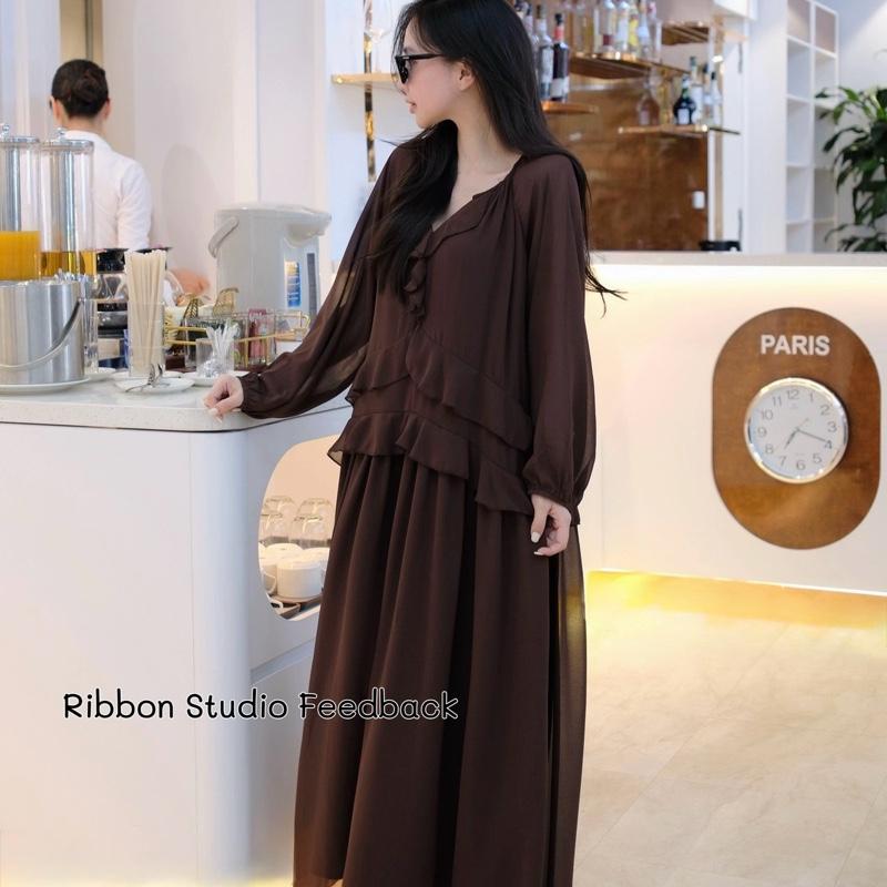 Váy tơ nâu dáng suông dài phối bèo nhún tiểu thư V3