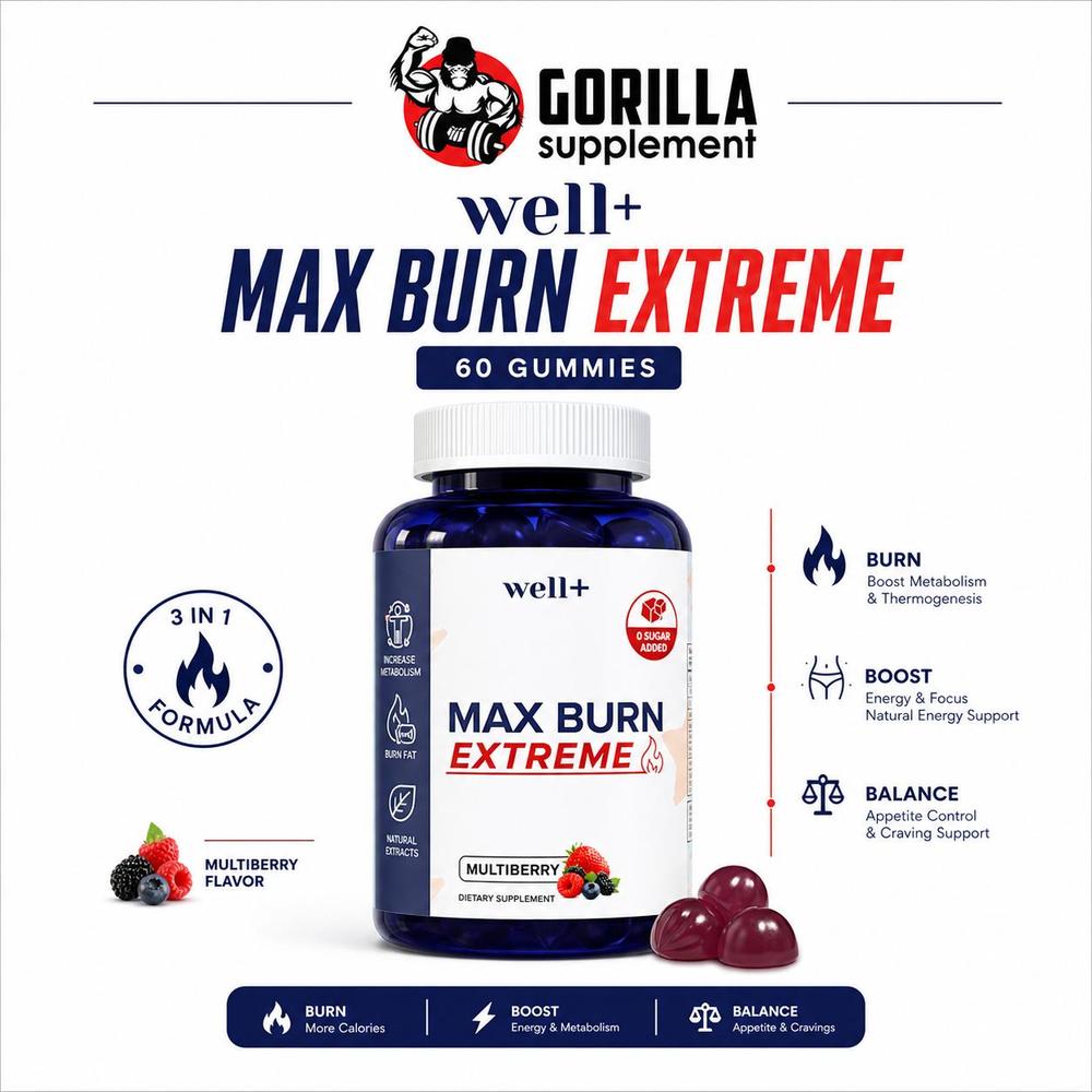 Well+ Max Burn Extreme Gummies 60's Multiberry – Suplemen Diet Fat Burner Metabolisme – Green Tea Capsaicin ACV – BPOM