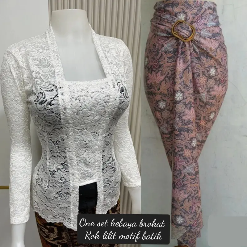 BINAYA SET One Set Kebaya Brokat dan Rok Lilit Motif Batik Kain Katun 4