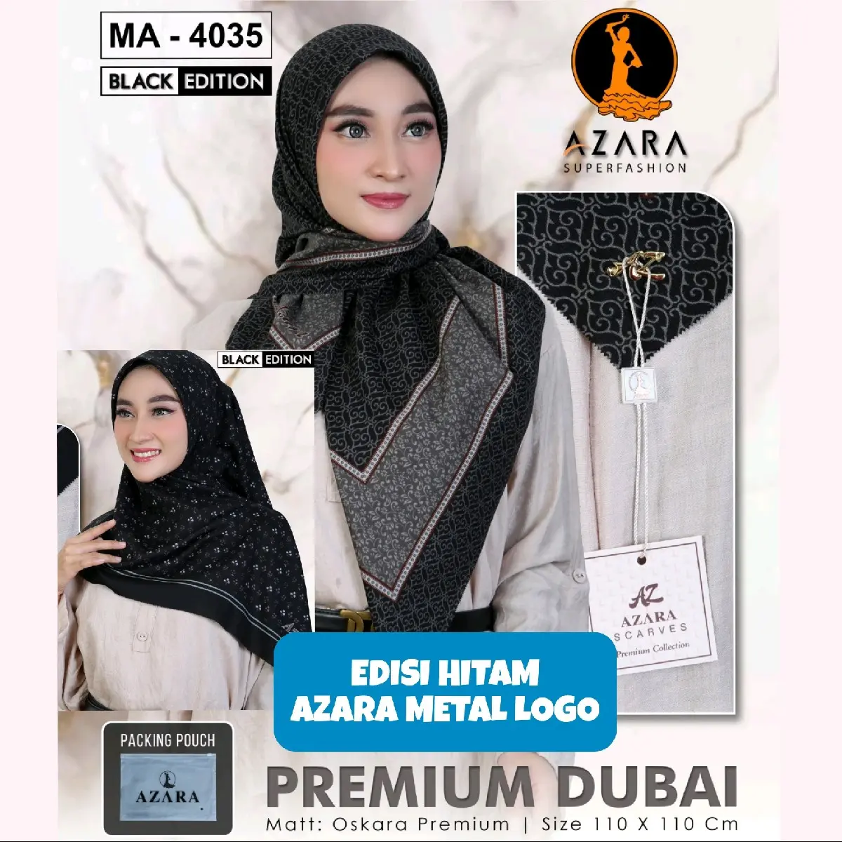 Edisi Hitam Azara Sultan Hijab Segiempat Motif Metal Logo Bahan Voal Dubai lasercut ukuran standar 110*110 Muslim Kemasan pouch satuan