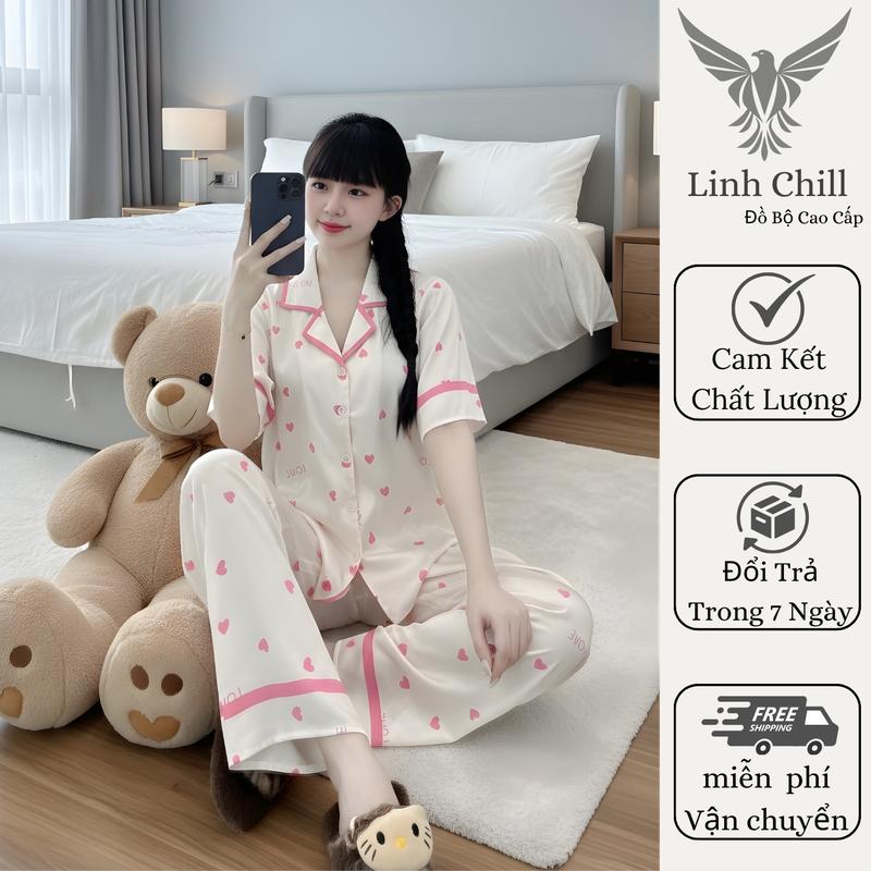 Đồ Bộ Xinh Pyjama Nữ Cộc Dài Chất Lụa Cát Mềm Mịn Họa Tiết In Hình Công Chuá Bánh Bèo Dễ Thương Size 40-68kg set ngu xinh