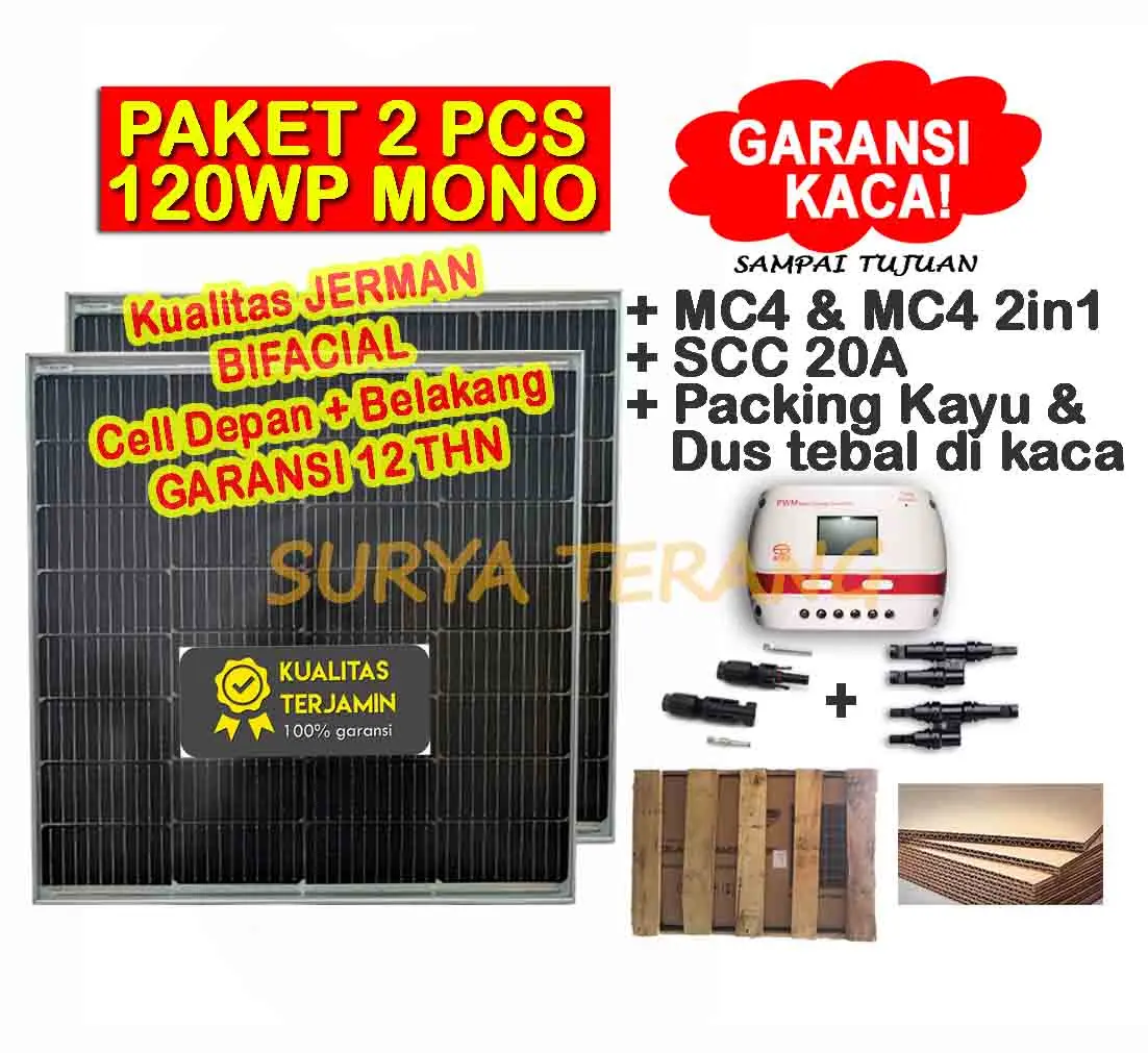 Paket 2 pcs Panel Surya 120Wp Mono + 1pcs Controller 30A + MC4 2in1