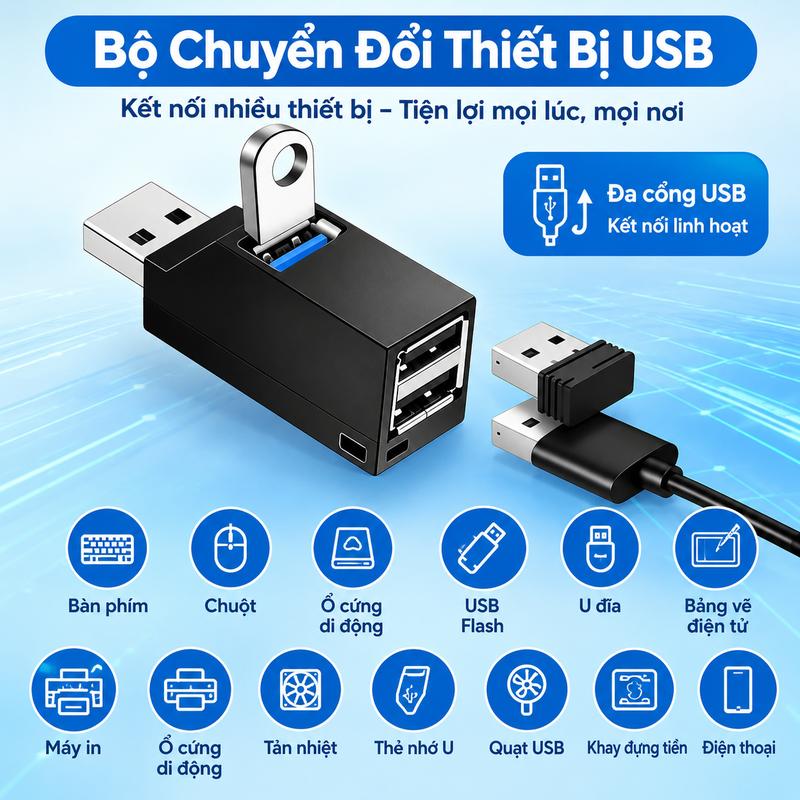Bộ chia USB mini 3 cổng, bộ chia USB tốc độ cao, thiết bị mở rộng cổng USB dạng cắm là chạy (Plug & Play)