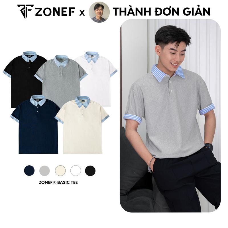 [ ZONEF & Thành Đơn Giản] Áo Polo ngắn tay phối sơ mi kẻ sọc xanh by ZONEF, Polo cổ bẻ nam nữ Unisex, vải Cotton tổ ong cao cấp thoáng mát năng động