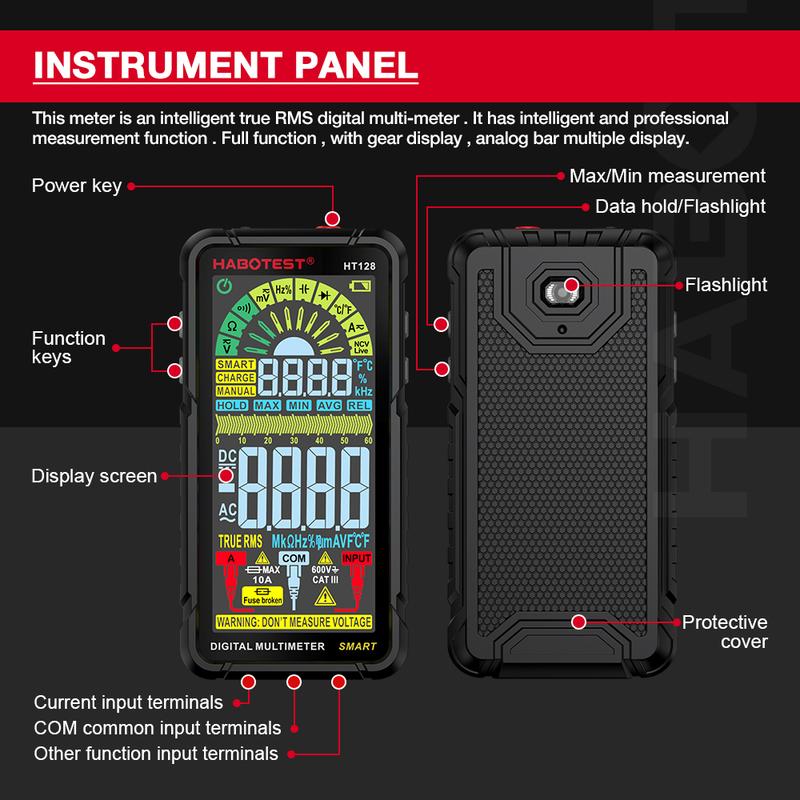 Product Introduction of HABOTEST HT128 Smart Digital Multimeter Rechargeable Non-Contact Touch Screen Multimetro Tester transistor 6000 Counts True RMS NCV Auto Range DC/AC Voltmeter 36