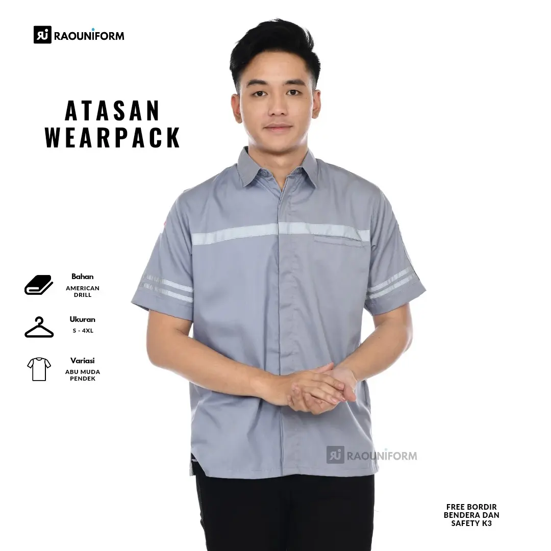 Seragam safety pria/Atasan wearpack lengan pendek/Kemeja safety pria/Baju seragam lengan pendek/Kemeja safety lapangan Abu Biru Bordir   Kerja