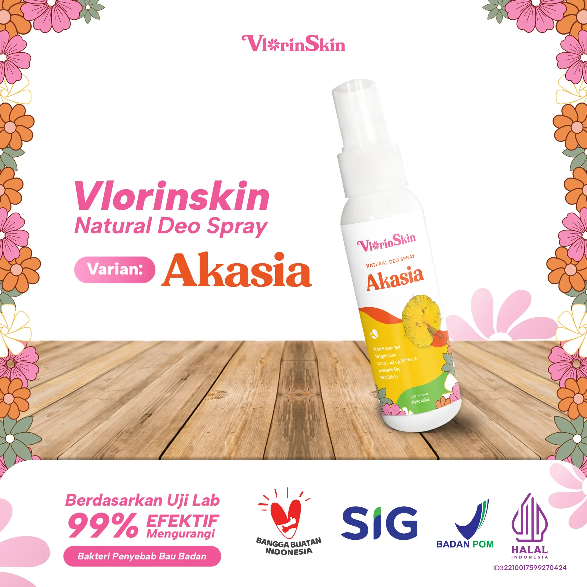 Vlorinskin Deodorant Spray Penghilang Bau Ketiak/Badan, Deo Spray Alami, Deodorant Spray Tawas 100mL