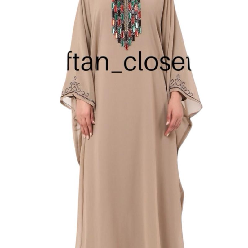 Kaftan Closet SG- Marbella available pistachio green, black & taupe with a fusion contrast style stonework handbeaded custom made kaftan. 6