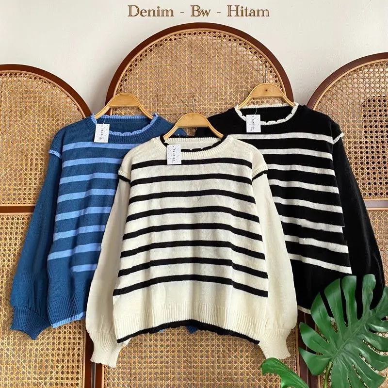Blouse Stripe Knit Rajut - Atasan Wanita rajut stripe ruflle lengan balon motif garis garis