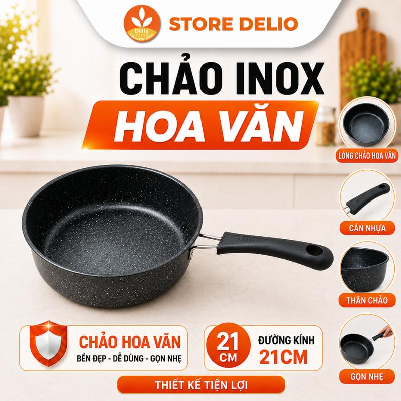 Chảo Chống Dính Vân Đá 21cm Sâu Lòng, Chảo Chiên Xào Áp Chảo Đa Năng, Tay Cầm Chắc Chắn