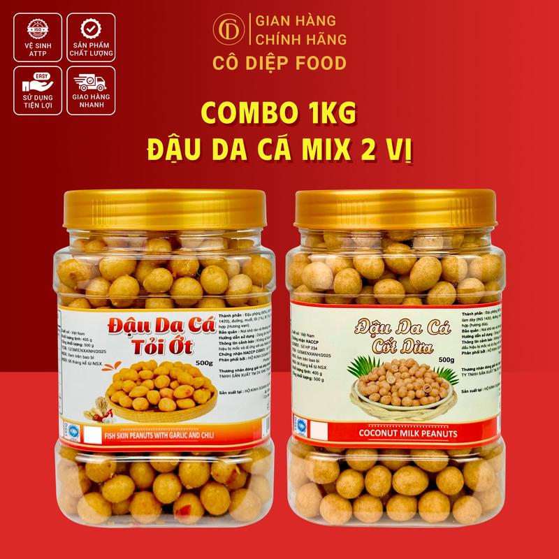1KG Đậu Phộng Da Cá Mix 2 Vị [Đậu Phộng Da Cá Cốt Dừa + Đậu Phộng Da Cá Tỏi Ớt] (Đầy Đủ Hồ Sơ Công Bố & Kiểm Nghiệm Sản Phẩm)