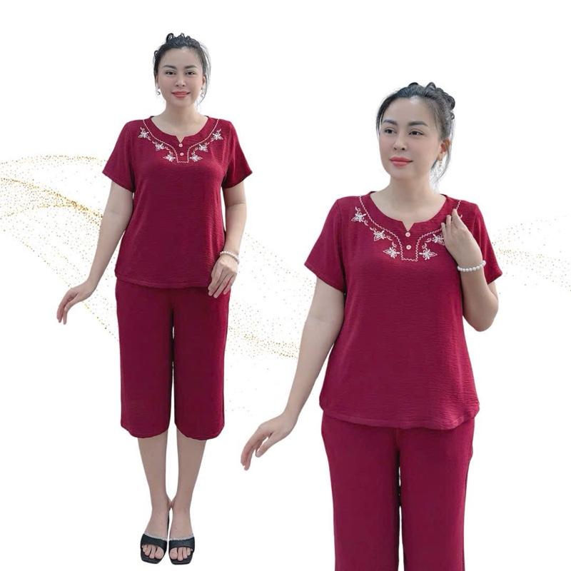 Y37 Đồ Bộ trung niên quần lở chất đũi thêu cổ  , có size 50-80kg , quần có túi sâu ,mặc thoải mái  phù hợp nhiều độ tuổi Nữ Women