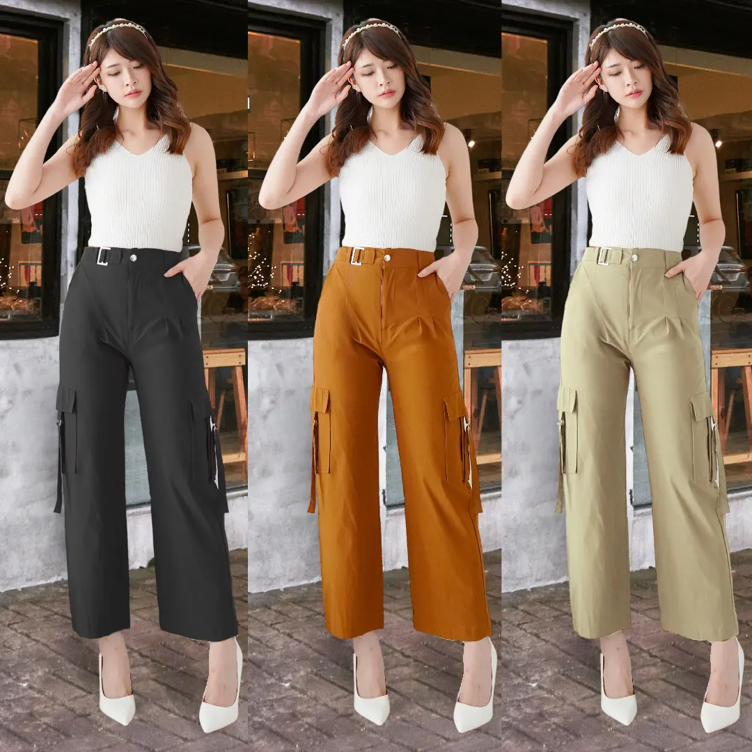 JISOO Celana Wanita Import Katun Stretch Cargo 098 High Waist Soft Panjang Pant Santai Nyaman Fit