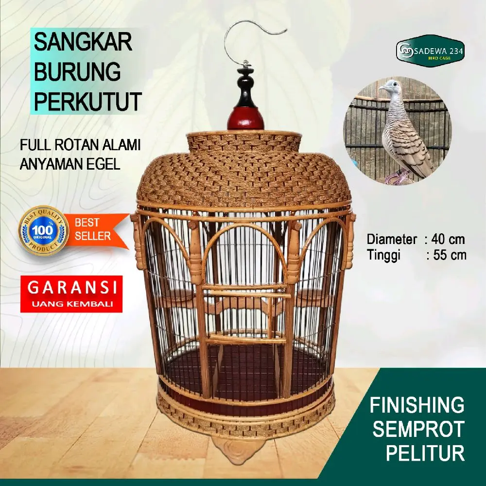 Kandang Burung Sangkar Burung Perkutut Full Rotan Alami Model Mataraman - Rotan Alami, Bahan Egel, Rotan Pilihan, Tinggi 65 cm