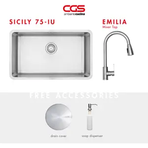 Kitchen Sink Bak Cuci Piring Dapur Stainless Steel 1 Lubang CGS SICILY 75-IU Sink - Paket Kitchen Sink dan Keran Dapur 8- Pemasangan Undermount Topmount