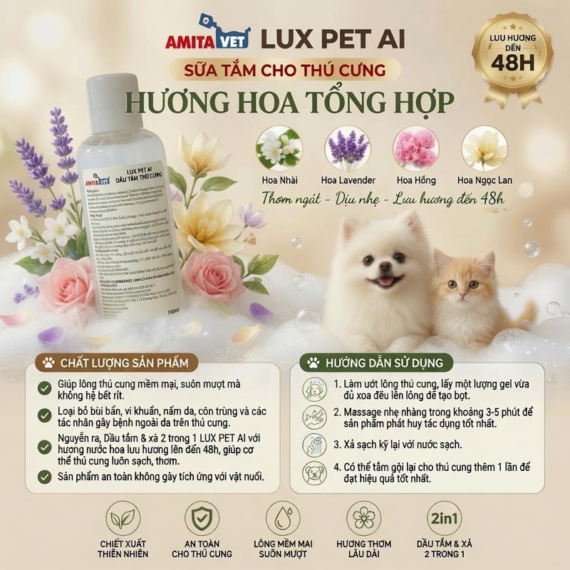 SỮA TẮM CHÓ MÈO TRỊ VE RẬN AMITAVET 100ML – HỖ TRỢ PHÒNG NẤM, VIÊM DA, BỌ CHÉT…