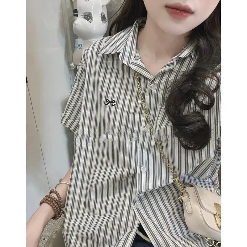 Áo sơ mi kẻ sọc nữ cộc tay thêu nơ kiểu dáng hàn quốc 5