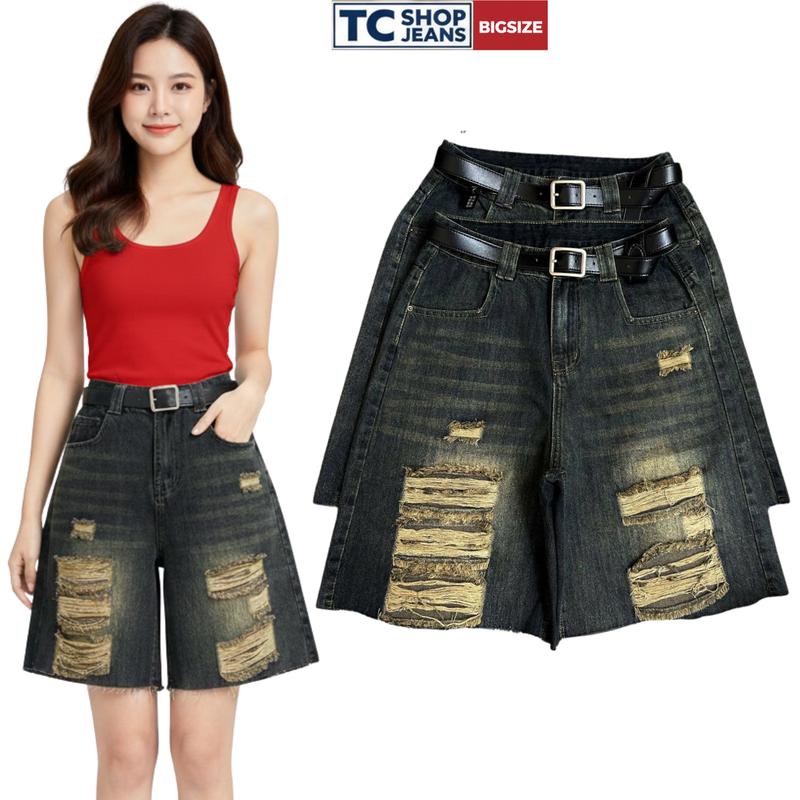  Quần bò đùi jeans nữ rách gối TC SHOP JEANS bigsize 55-90kg dài 55cm màu rêu đậm đi chơi dạo phố đi biển MS 4014 