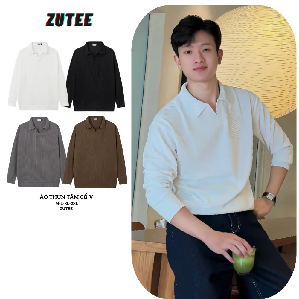 Áo Thun Tăm Cổ V Dài Tay ZUTEE Form Rộng Thoải Mái Màu Đa Dạng Size M-L-XL-2XL Phong Cách Thời Trang