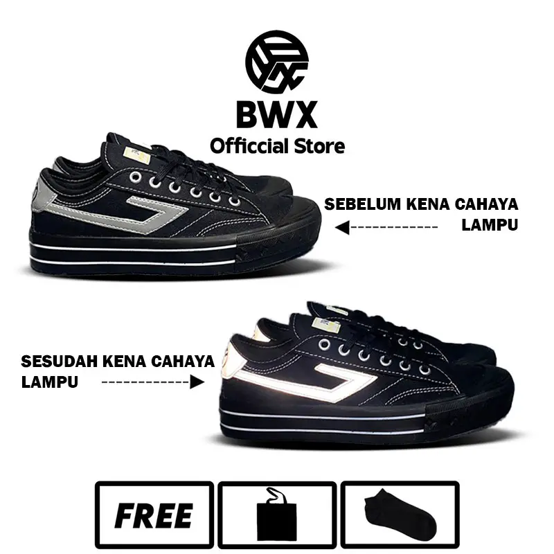 Bisa menyala - Sepatu Sneakers Casual Pria Wanita Sepatu Bwx Shine Black Grey Low Reflektive Canvas Shoes sekolah Kerja sepatu  retro buat