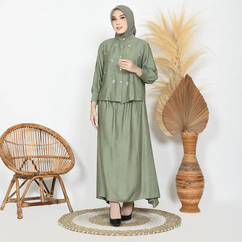 CLARA One Set Wanita Payet Mewah Linen Setelan Atasan Rok Kekinian 5