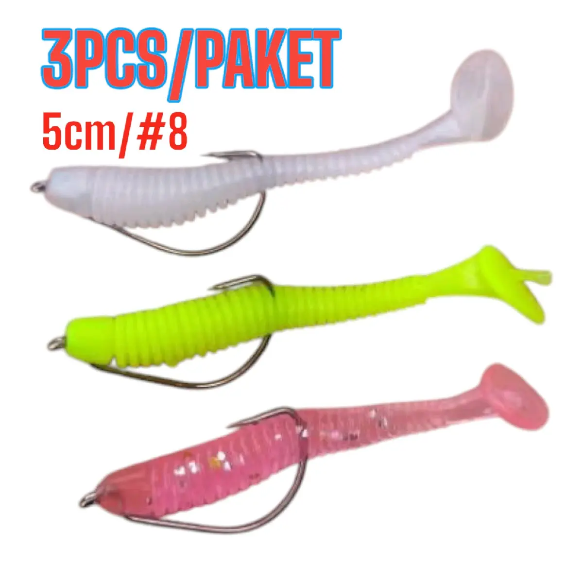 3PCS UMPAN PANCING LURE CASTING SOFTLURE PADLE TAIL PLUS WORM HOOK#8