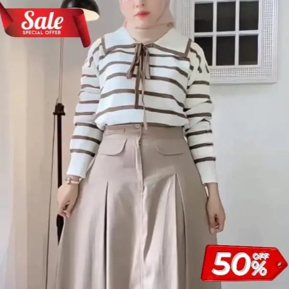 RRC Atasan Wanita Rajut Motif Garis Kerah Lucu Bahan Rajut Gemes Cardigan Kancing Knitwear Top Oversize