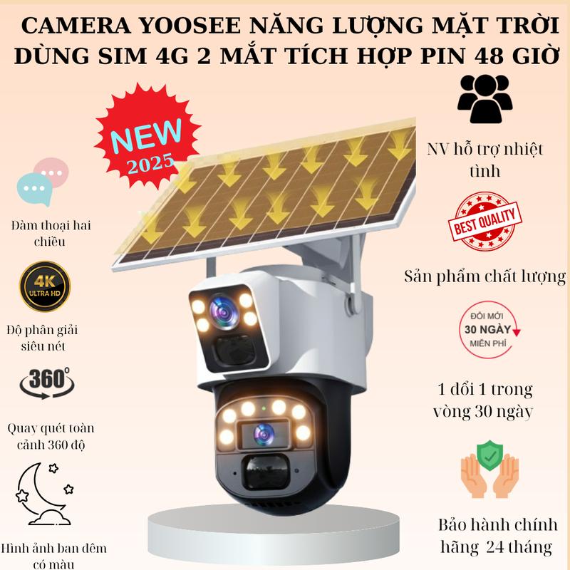 TẶNG KÈM SIM4G CAMERA YOOSEE 2 MẮT NĂNG LƯỢNG MẶT TRỜI DÙNG SIM 4G FHD - XOAY 350 ĐỘ - ĐÀM THOẠI 2 CHIỀU - CẢNH BÁO CHUYỂN ĐỘNG - CHỐNG NƯỚC - PIN SẠC NLMT - CHƯA CÓ SIM