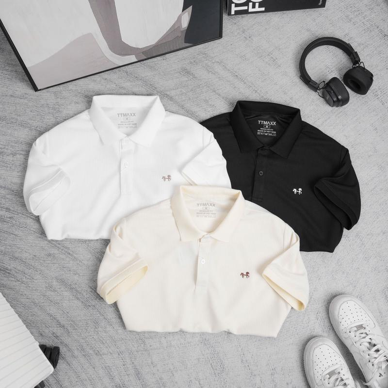 Áo Polo Nam TTMAXX Waffle Dệt Kim, BO dệt gân Sọc cách Điệu, logo Thêu, Chắc Chắn Phối 2 màu. Thiết Kế Có Xẻ Lai Áo