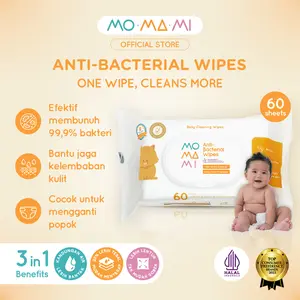 Momami Anti-Bacterial Wipes Baby Wet Tissue - Tisu Basah Tebal Ganti Popok Anti-Bakteri Bayi 30 Lembar, 3in1 Benefit, Bebas Alkohol, Paraben, Fragrance, Halal MUI