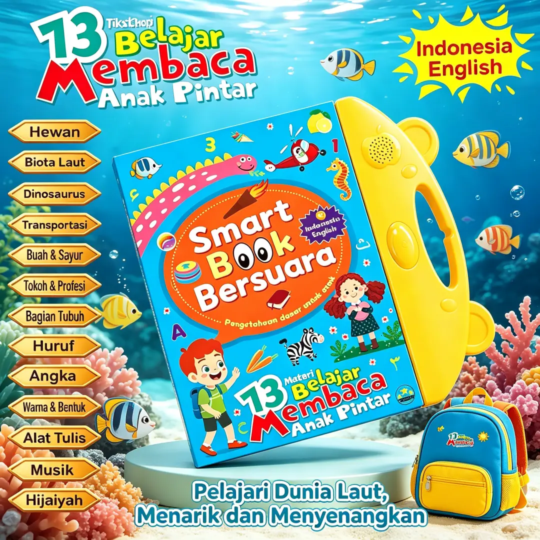 Buku Belajar Anak Smart Book Audio Bersuara 3 Bahasa: Indonesia, Inggris, Mandarin. Mainan Edukasi Paud, Tk, Usia 3-6 Tahun. 26 Materi Multifungsi: Pengenalan Warna, Hewan, Buah, Bentuk, Angka, Dinosaurus, Tubuh, Alat Rumah, Lagu Anak (COD Tersedia)