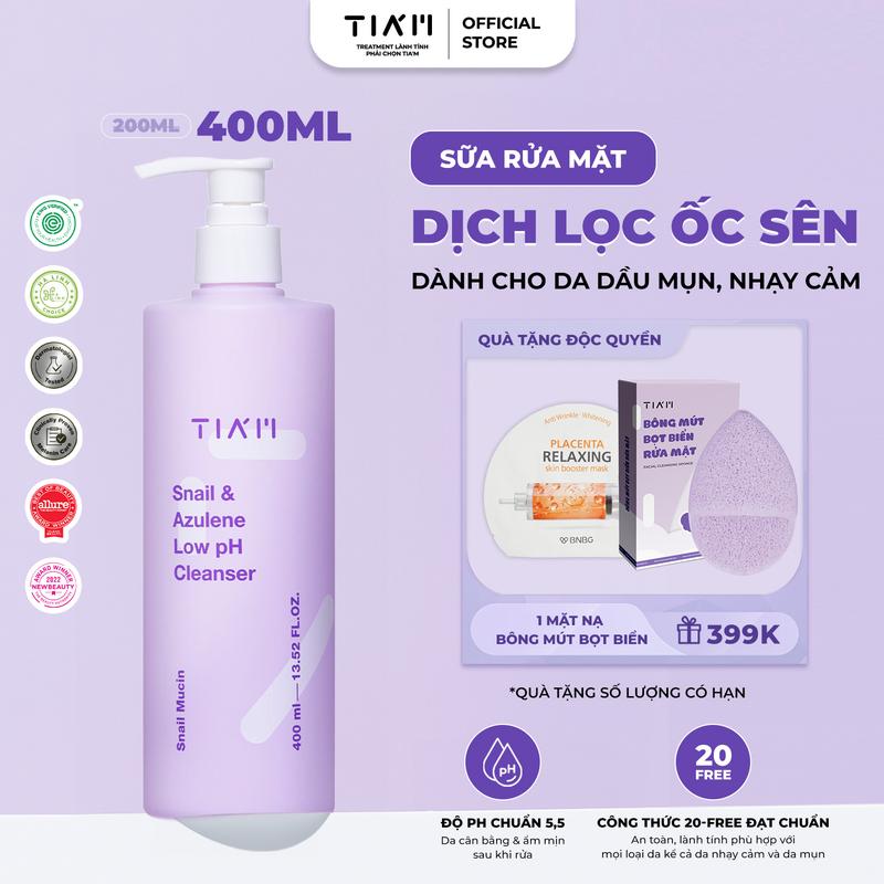  LIVE- Sữa Rửa Mặt Tinh Chất Dịch Lọc Ốc Sên Hỗ Trợ Làm Sạch Da TIA’M Snail & Azulene Low pH Cleanser 400ml 