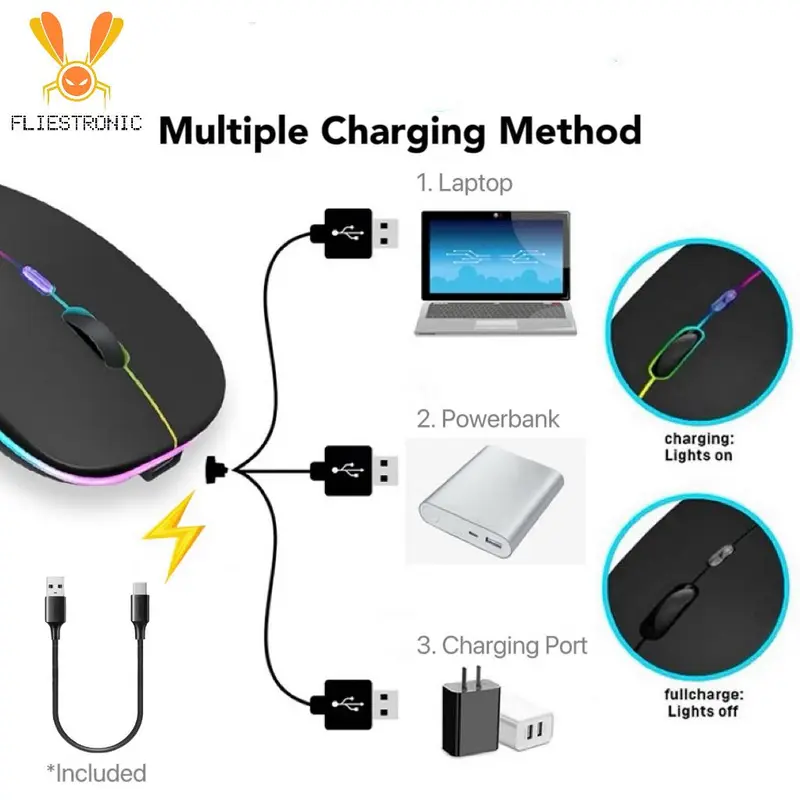 COD FLIESTRONIC Mouse Bluetooth / Mouse Wireless / Mouse Nirkable Rechargerable LED Colorfull Komputer 5