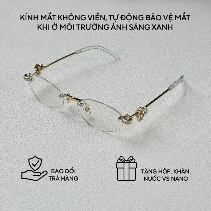 Kính Mắt Nữ ORA Sang Chảnh Không Viền Đính Đá, Tròng Phản Quang Chống Ánh Sáng Xanh, Gọng Hợp Kim Cao Cấp - Tặng Nước Vệ Sinh Kính