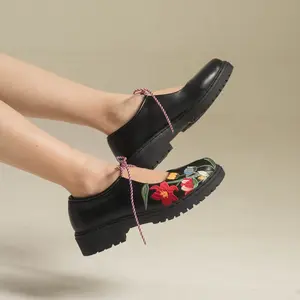 Dianable x Nabila Ishma - Flair Loafers Shoes Wanita (Black - Cream - Pink) | Sepatu Tali Unik | Motif Bunga