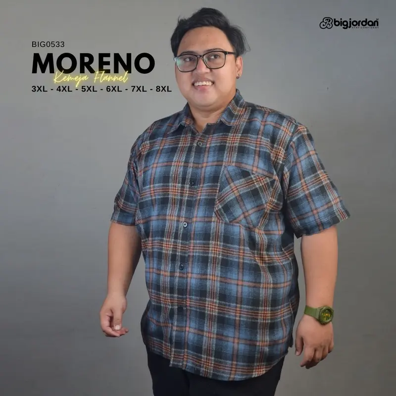 Bigjordan Id. Moreno kemeja flannel lengan pendek biru size jumbo big size 3XL 4XL 5XL 6XL 7XL 8XL pria oversize 0