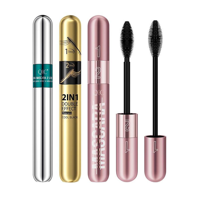 Bộ mascara 2 trong 1 gồm 3 cây, với sợi tơ 4D giúp tăng độ dày và dài cho mi, chống nước, không vón cục và không phai màu, phù hợp để tạo hiệu ứng trang điểm lông mi tự nhiên.