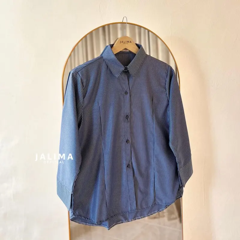 JALIMA Julia Top Kemeja Slim Fit Salur Stripe Tali Belakang 4
