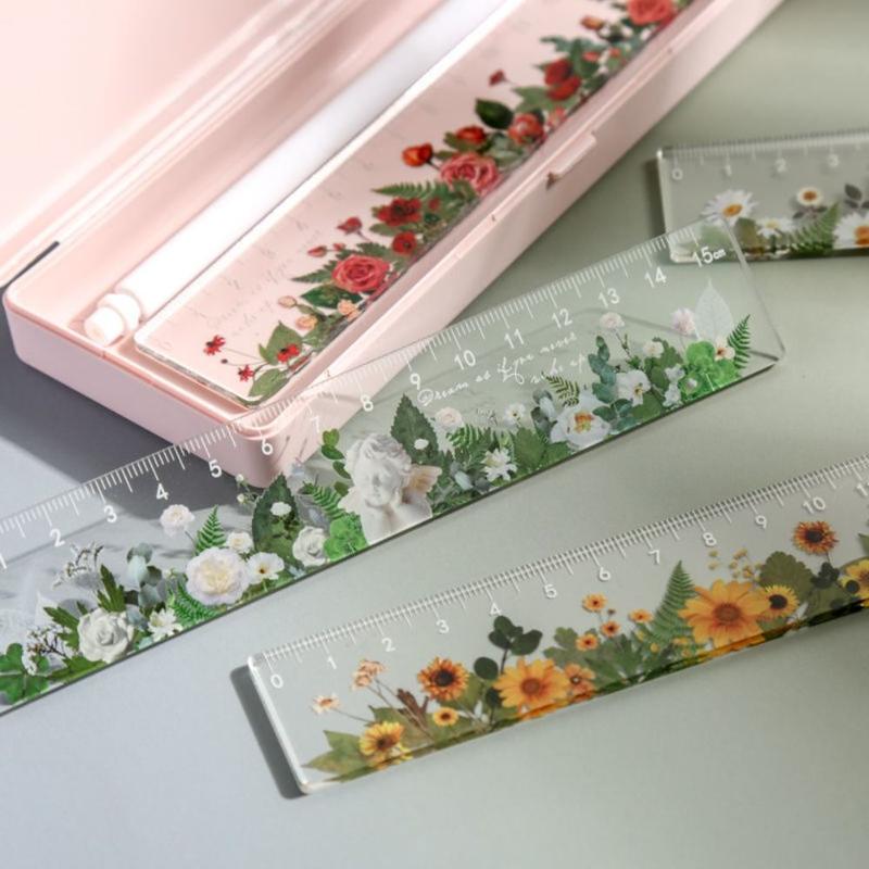 Multi-function 15cm Ruler Student Gift Plastic Straightedge Retro Flowers Pattern Stationery Drawing Tools School Office Supplies 5