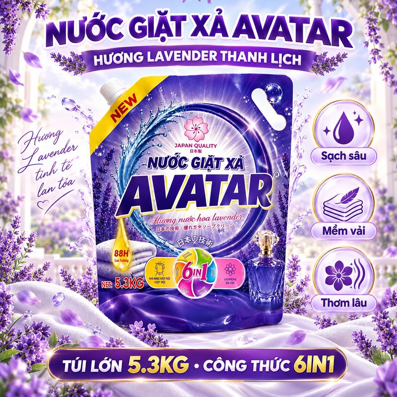 [TÚI 5KG3] 5.3KG/2KG Nước Giặt Xả AVATAR 6 Trong 1  – Hương Hoa Lavender – Lưu Hương 88H – Sạch Sâu, Mềm Vải, Tiết Kiệm Cho Gia Đình