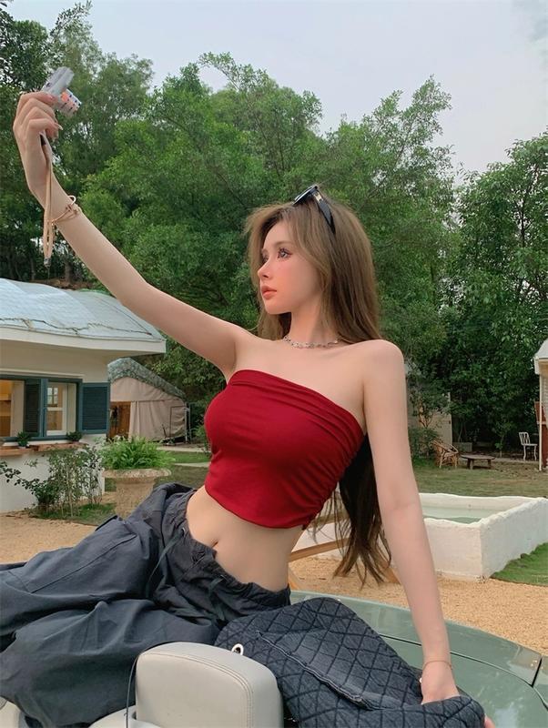 Kemben Tanktop Bra Kemben Serut Pinggir Wanita Atasan Crop 0
